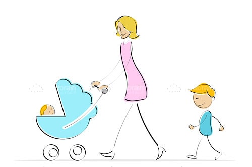 Illustrated Adult Woman with 2 Children